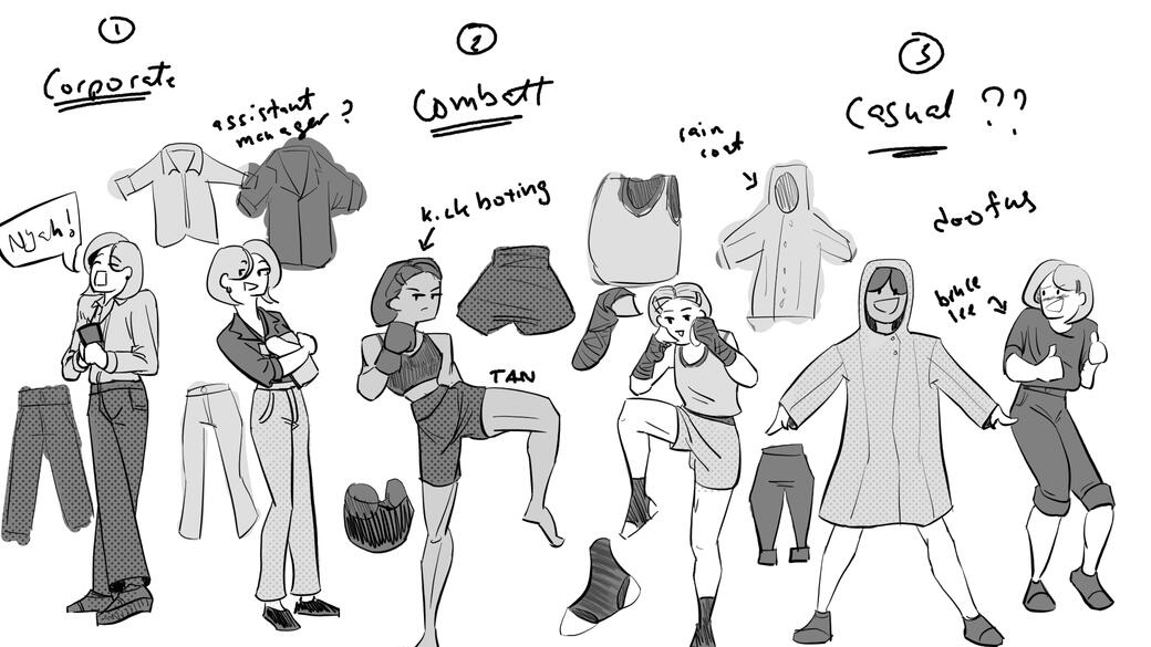 A character sheet of my character Gazelle Grace and her in various outfits
