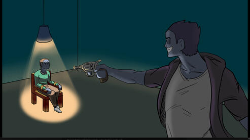 a final look of the game with 2 characters, one holding the gun (player) and the one to be shot tied to a chair