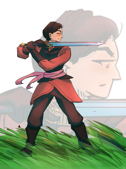 an illustration of a female noble who has deserted her loyal lineage for more peaceful settings, In Odin stance of medieval fighting as it gave a stronger sense of stability and strength, Her bright pinkish clothes give off her warm personality and general